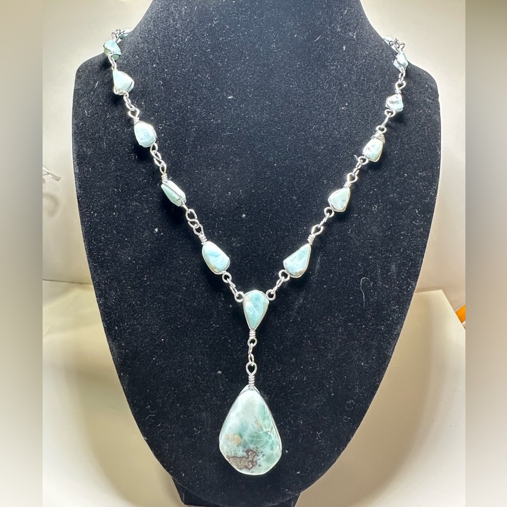 STERLING SILVER WIRE BOHO TEARDROP LARIMAR STONE NECKLACE TROPICAL